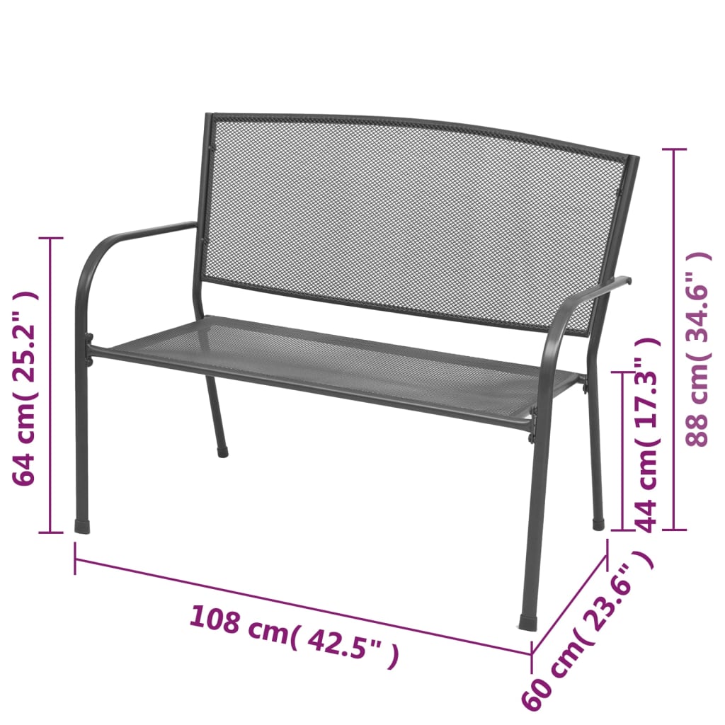 antracitszürke rácsos acél kerti pad 108 cm