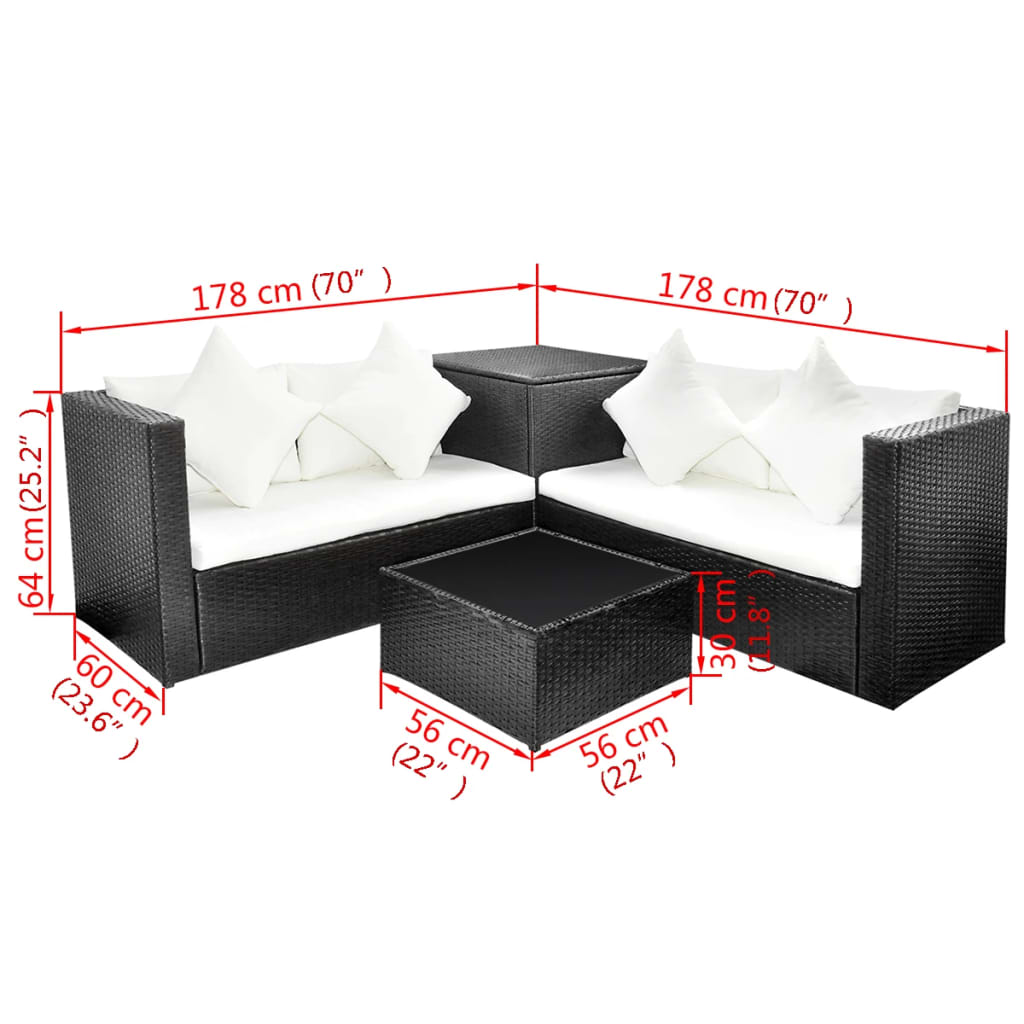 4-részes fekete polyrattan kerti bútorszett párnákkal