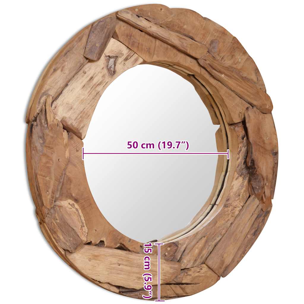 dekoratív és kerek tükör tíkfából 80 cm