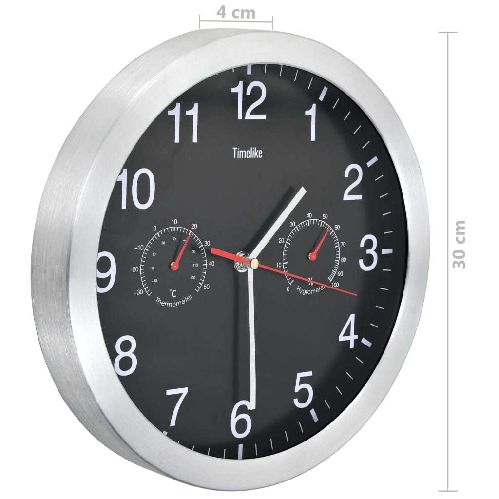 kvarcszerkezetes fekete falióra higrométerrel, hőmérővel 30 cm