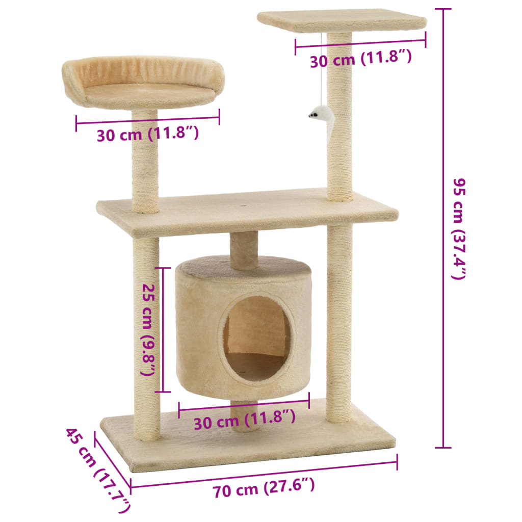 bézs macskabútor szizál kaparófákkal 95 cm