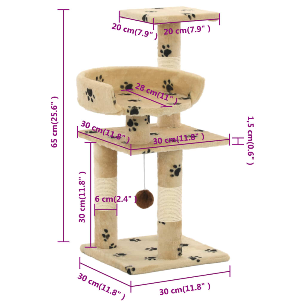 bézs, mancsmintás macskabútor szizál kaparófákkal 65 cm