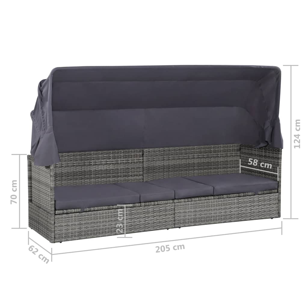 szürke polyrattan napellenzős kerti ágy 205 x 62 cm