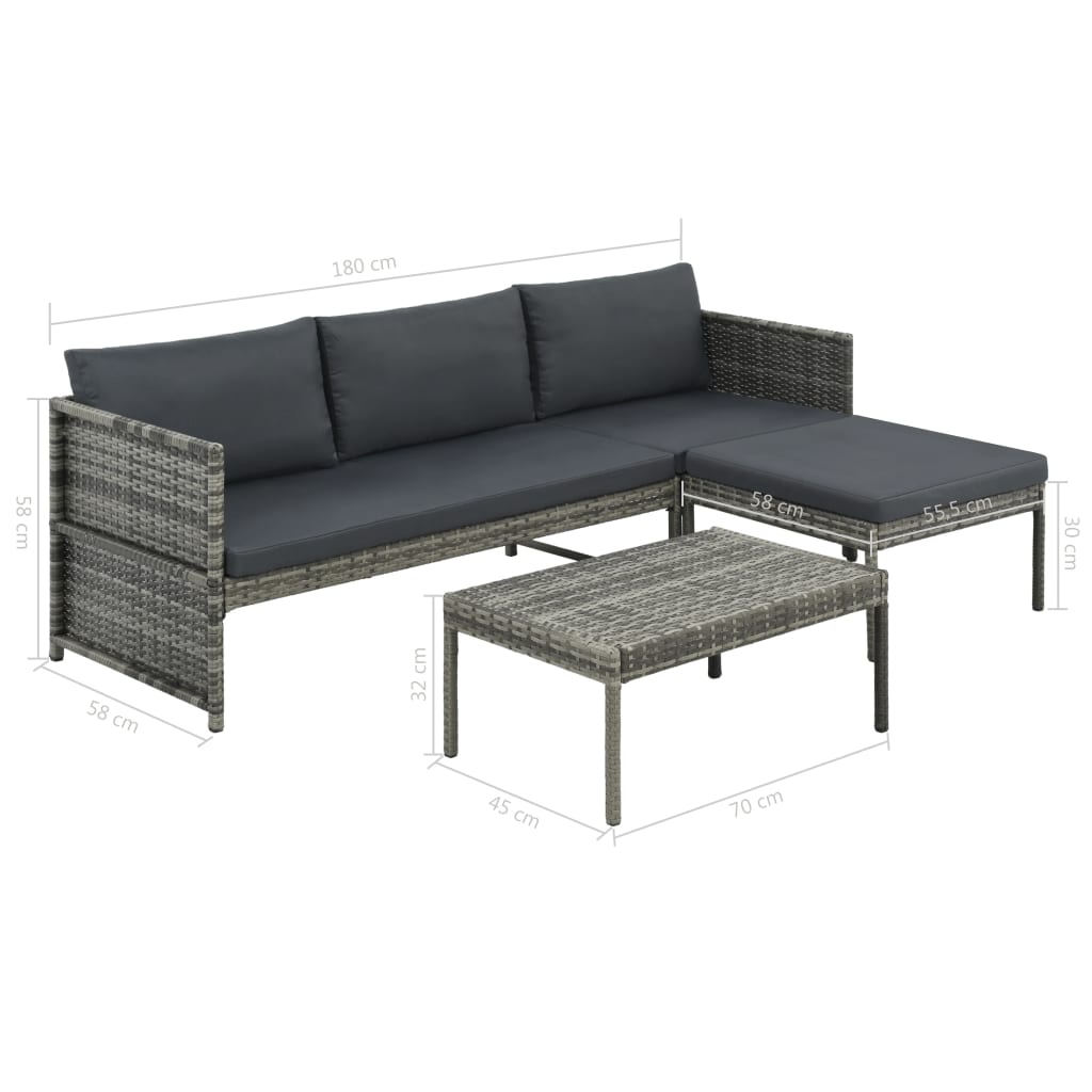 3-részes szürke polyrattan kerti bútorszett párnákkal