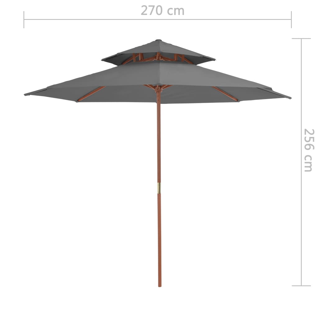 antracitszürke kétszintes napernyő fa rúddal 270 cm