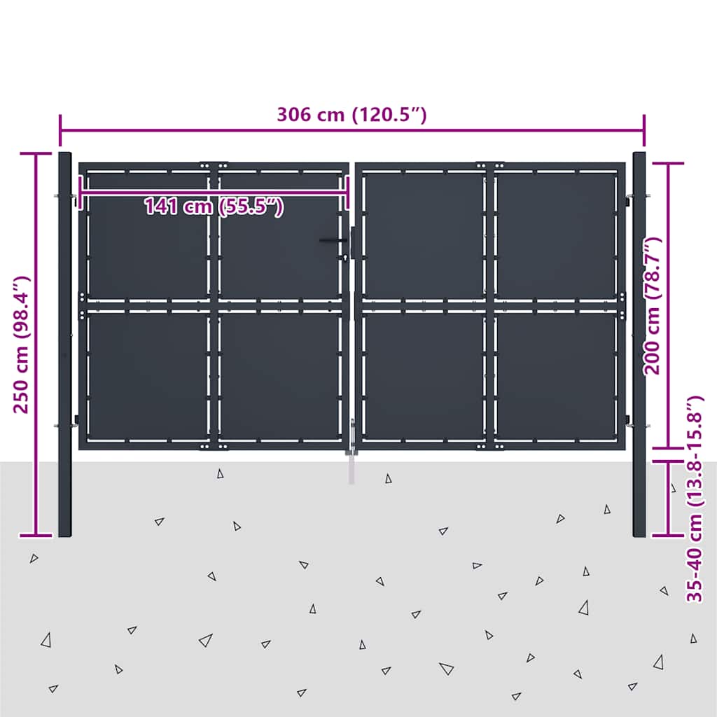 antracit színű acél kerti kapu 300 x 200 cm