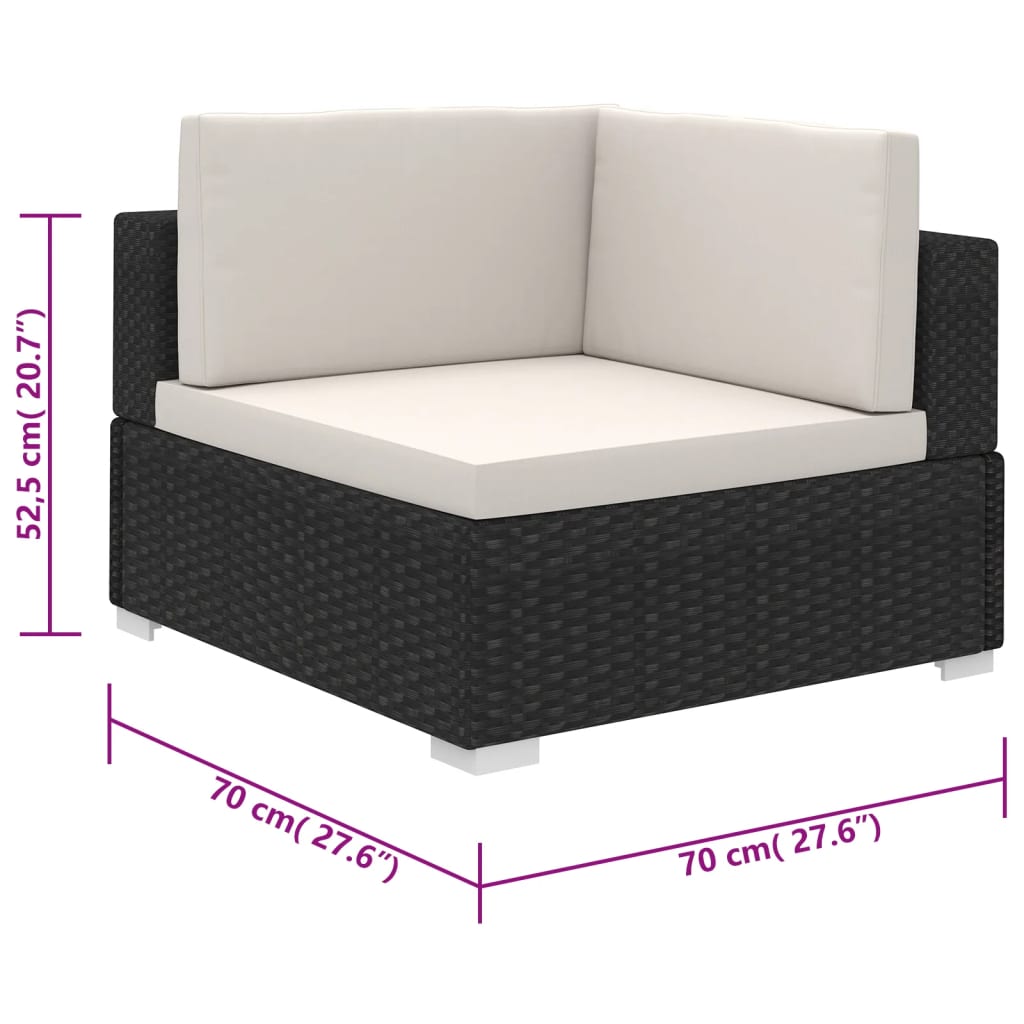 6-részes fekete polyrattan kerti bútorszett párnákkal