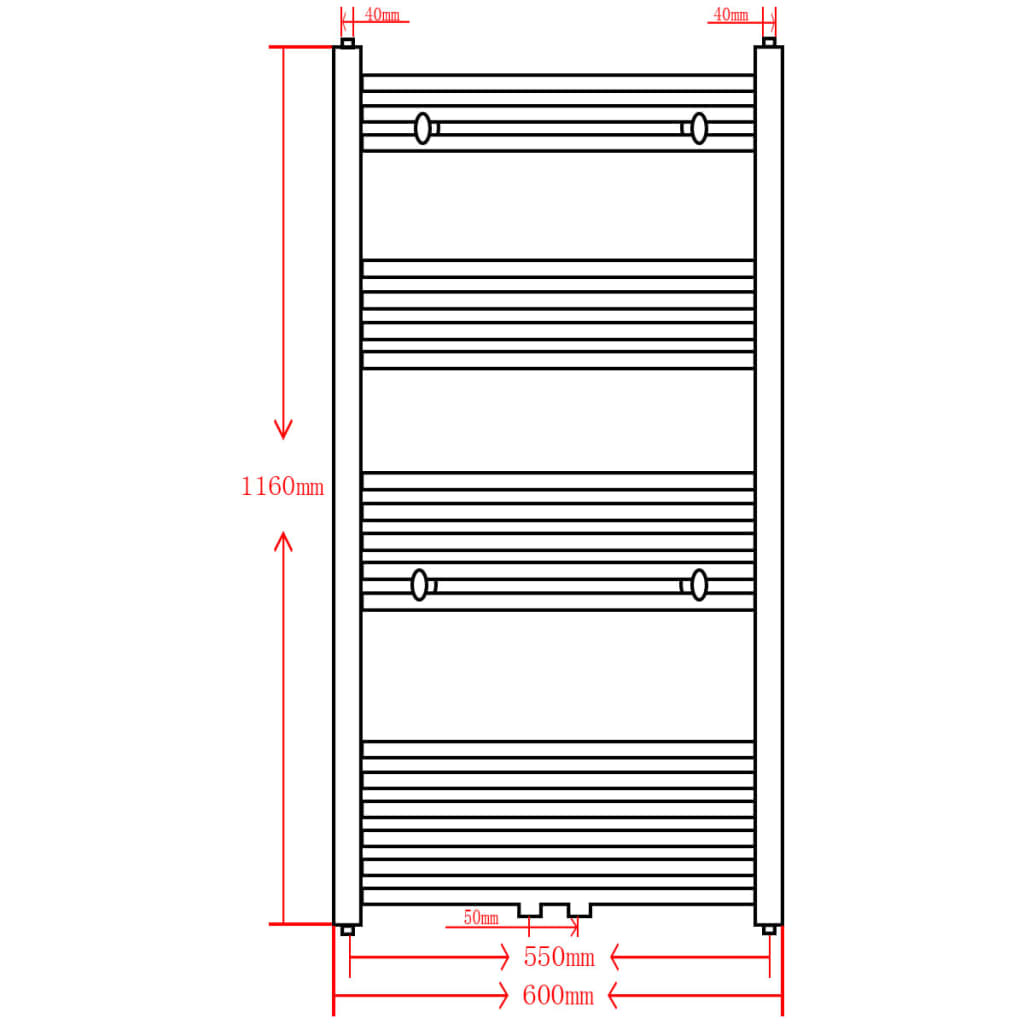 Fekete fürdőszobai egyenes törölközőtartó központi fűtéssel 600x1160mm