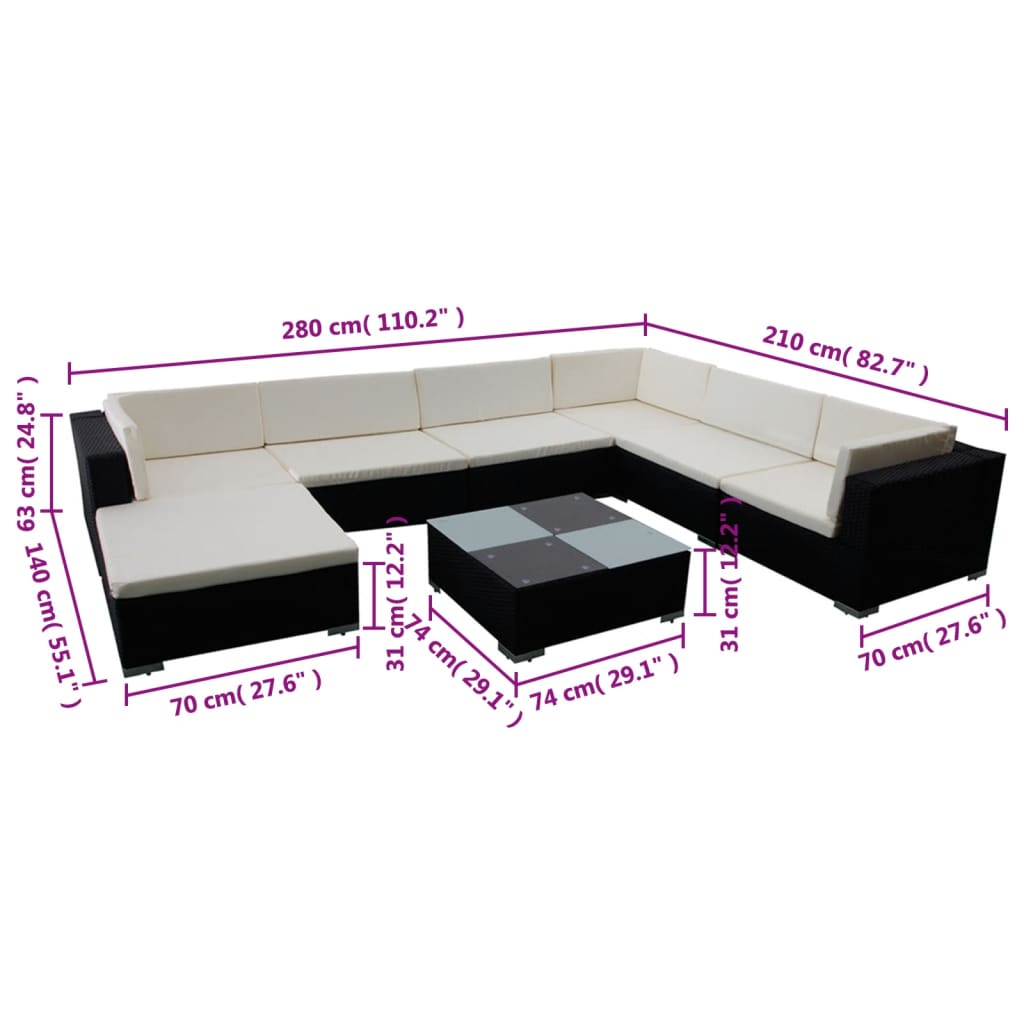 8 részes fekete polyrattan kerti ülőgarnitúra párnákkal