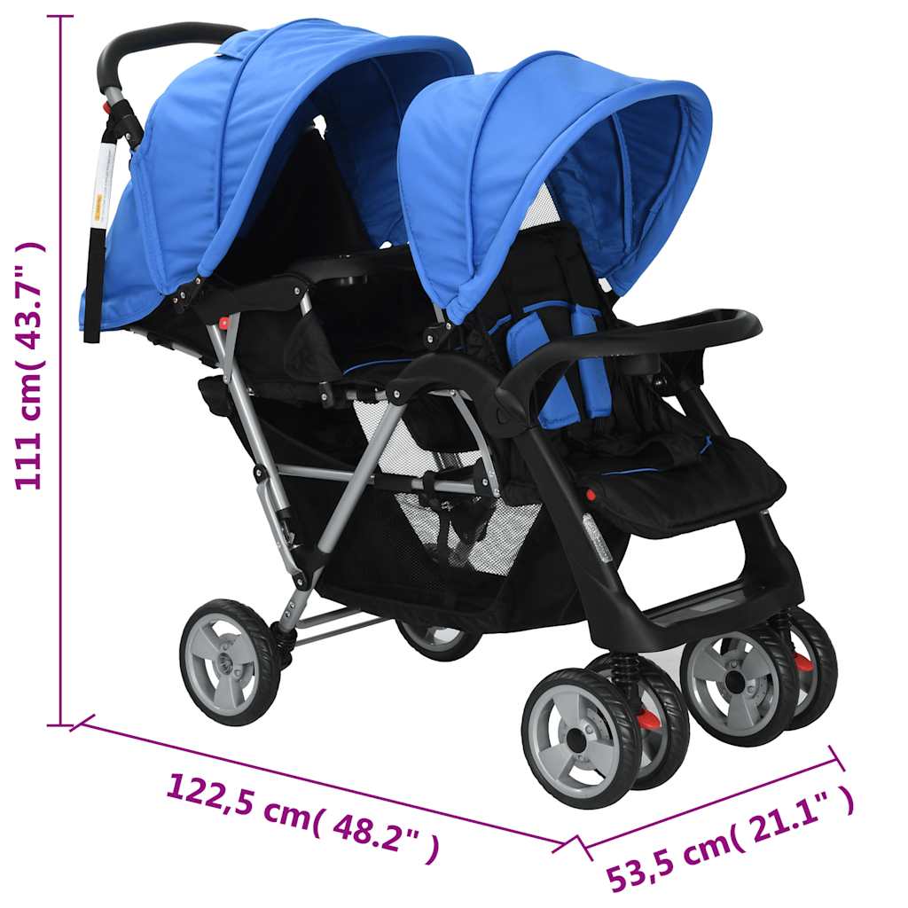 acél kék és fekete tandem babakocsi