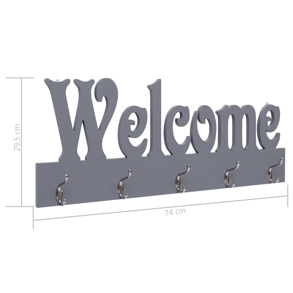 szürke "WELCOME" feliratú fali fogas 74 x 29,5 cm