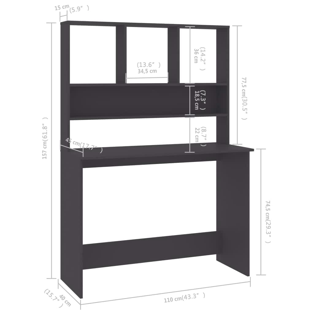 szürke forgácslap íróasztal polcokkal 110 x 45 x 157 cm