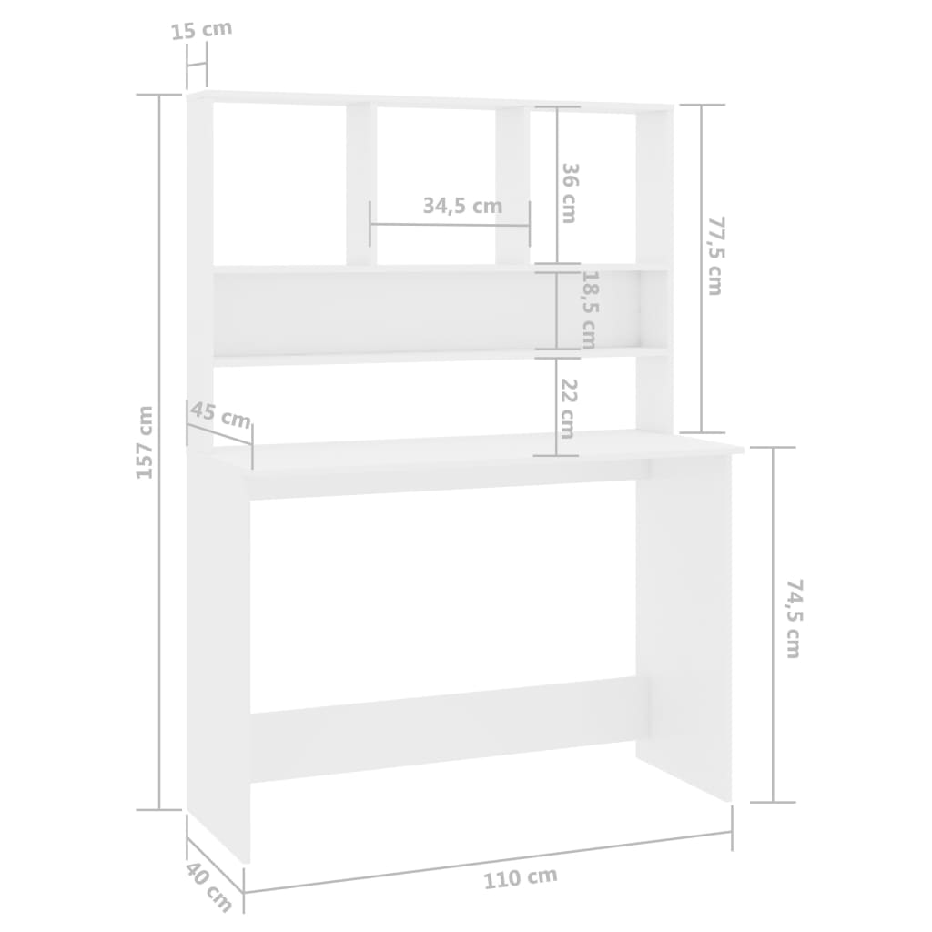 magasfényű fehér forgácslap íróasztal polcokkal 110x45x157 cm
