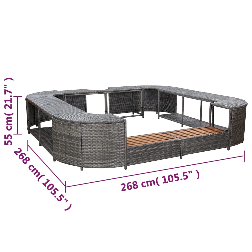 szürke négyszög alakú polyrattan pezsgőfürdőkeret 268x268x55 cm
