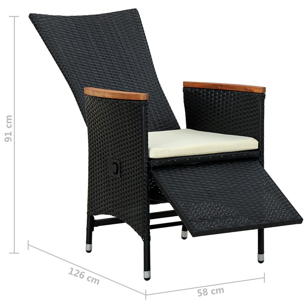 7 darabos fekete polyrattan és akácfa kültéri étkezőszett