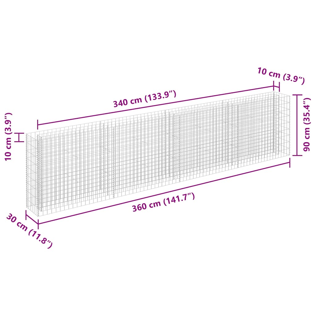 horganyzott acél gabion magaságyás 360 x 30 x 90 cm