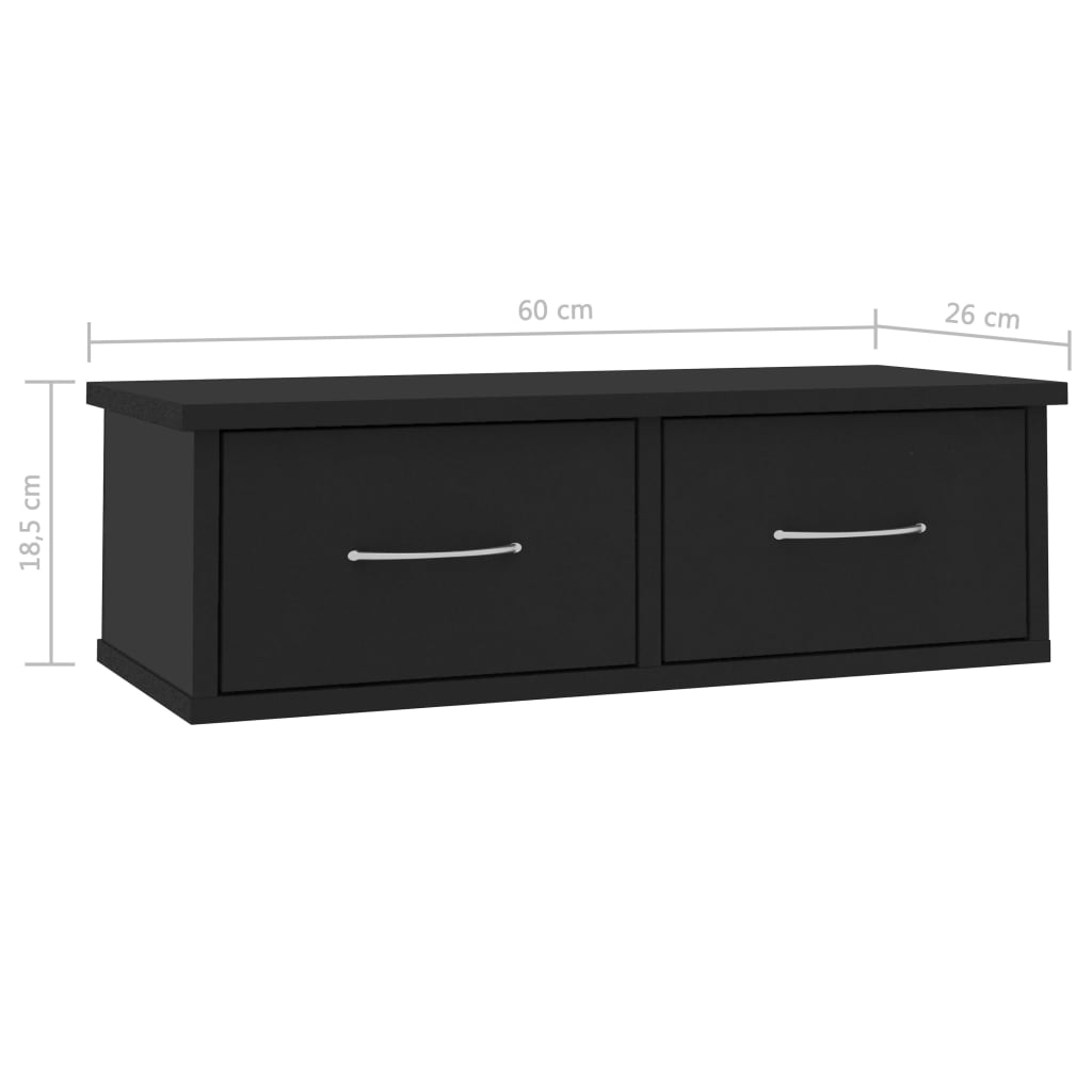 fekete szerelt fa falra szerelhető fiókos polc 60x26x18,5 cm