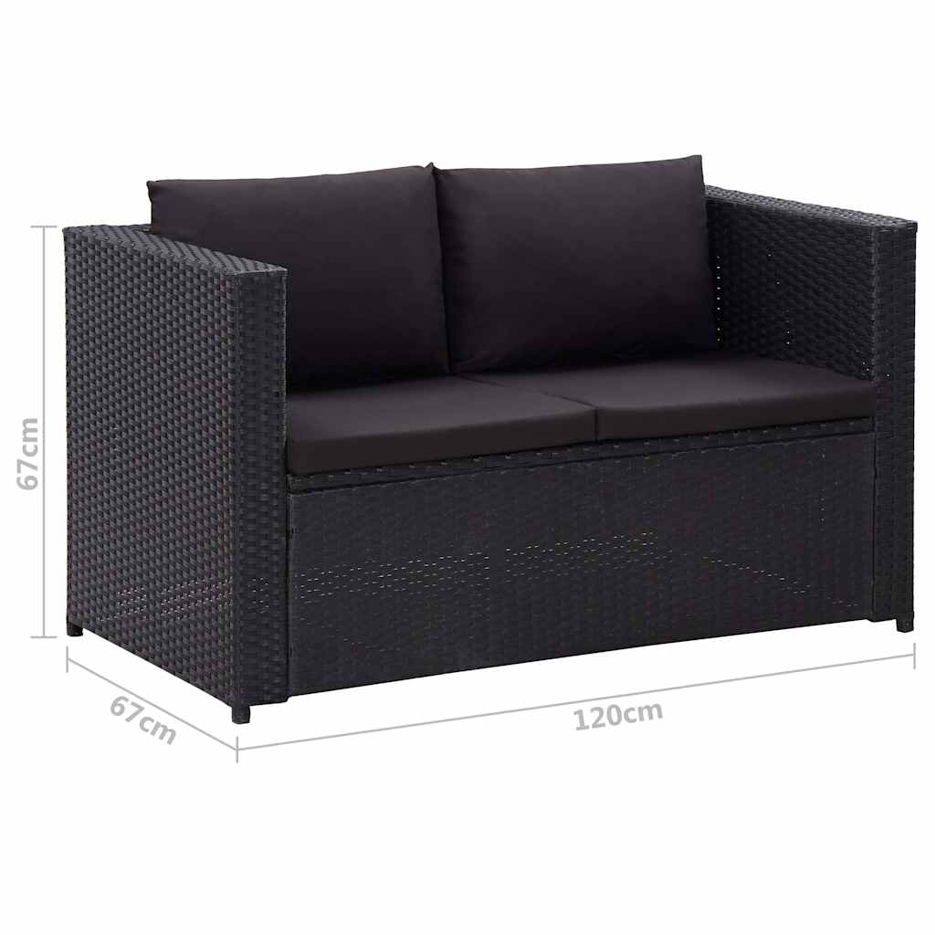 3 részes fekete polyrattan kerti bútorszett párnákkal