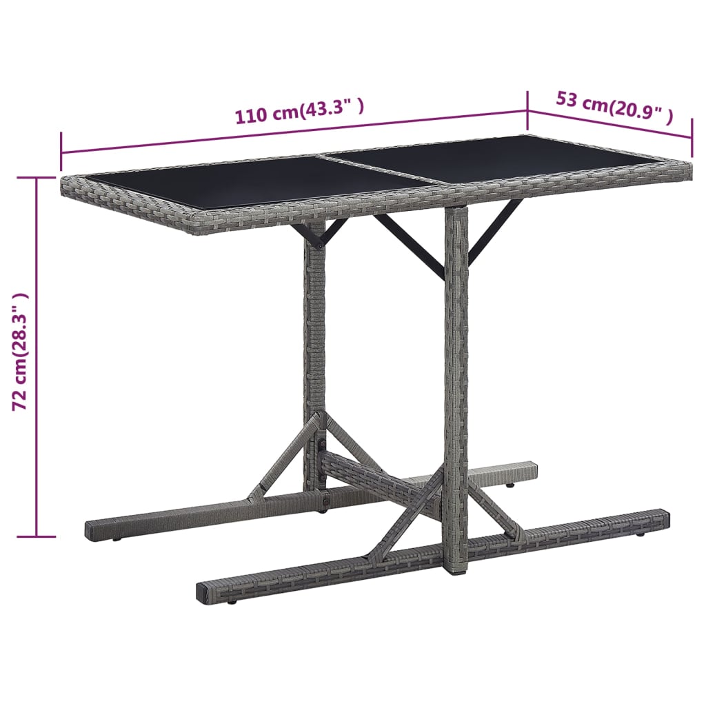 antracitszürke polyrattan és üveglapos kerti asztal 110x53x72cm