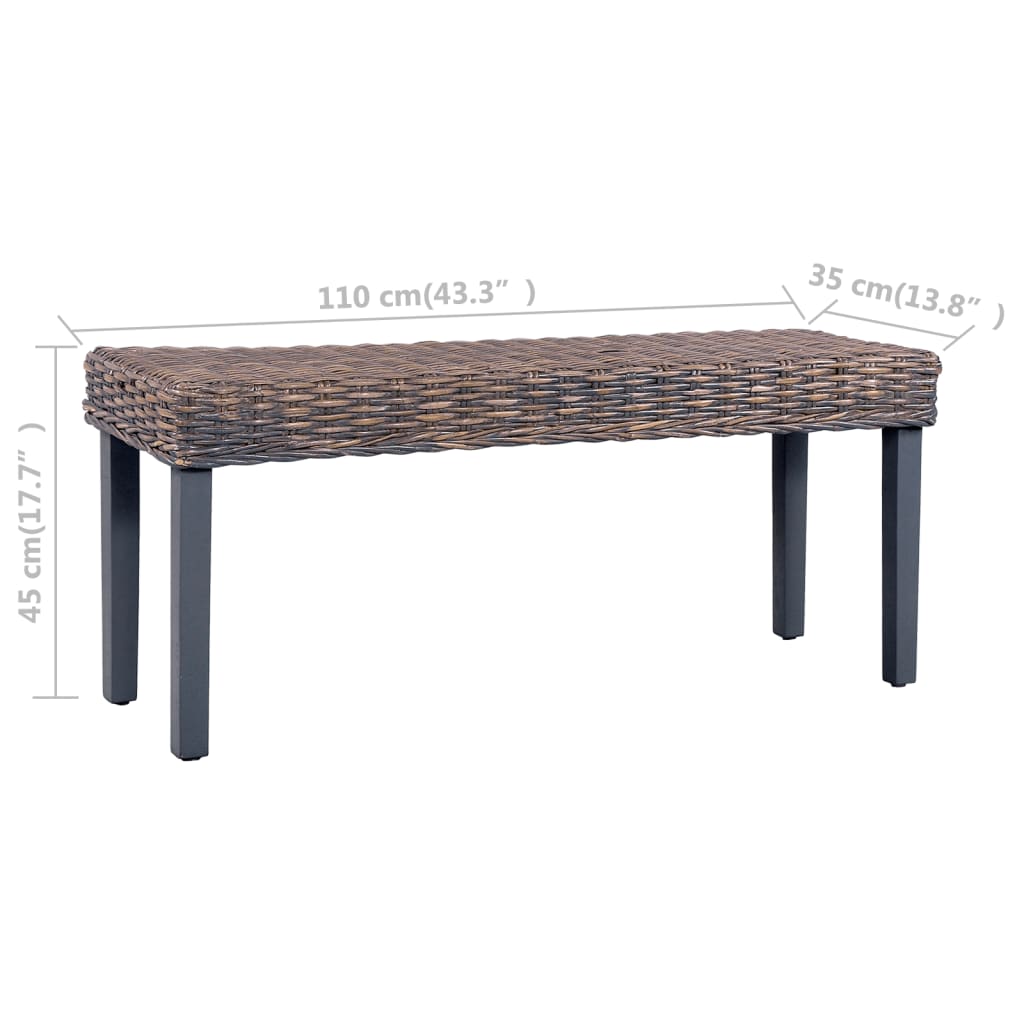 szürke természetes kubu rattan és tömör mahagóni fa pad 110 cm