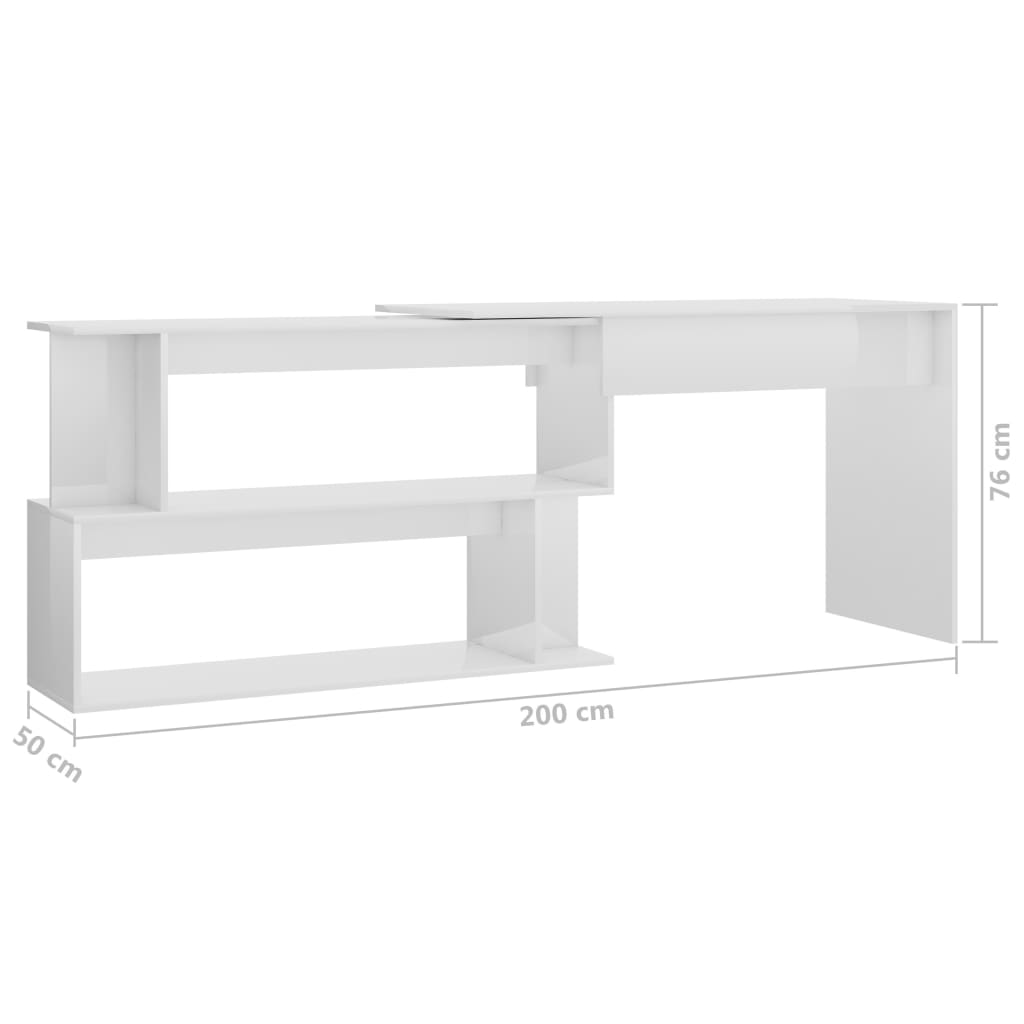 magasfényű fehér szerelt fa sarokasztal 200 x 50 x 76 cm