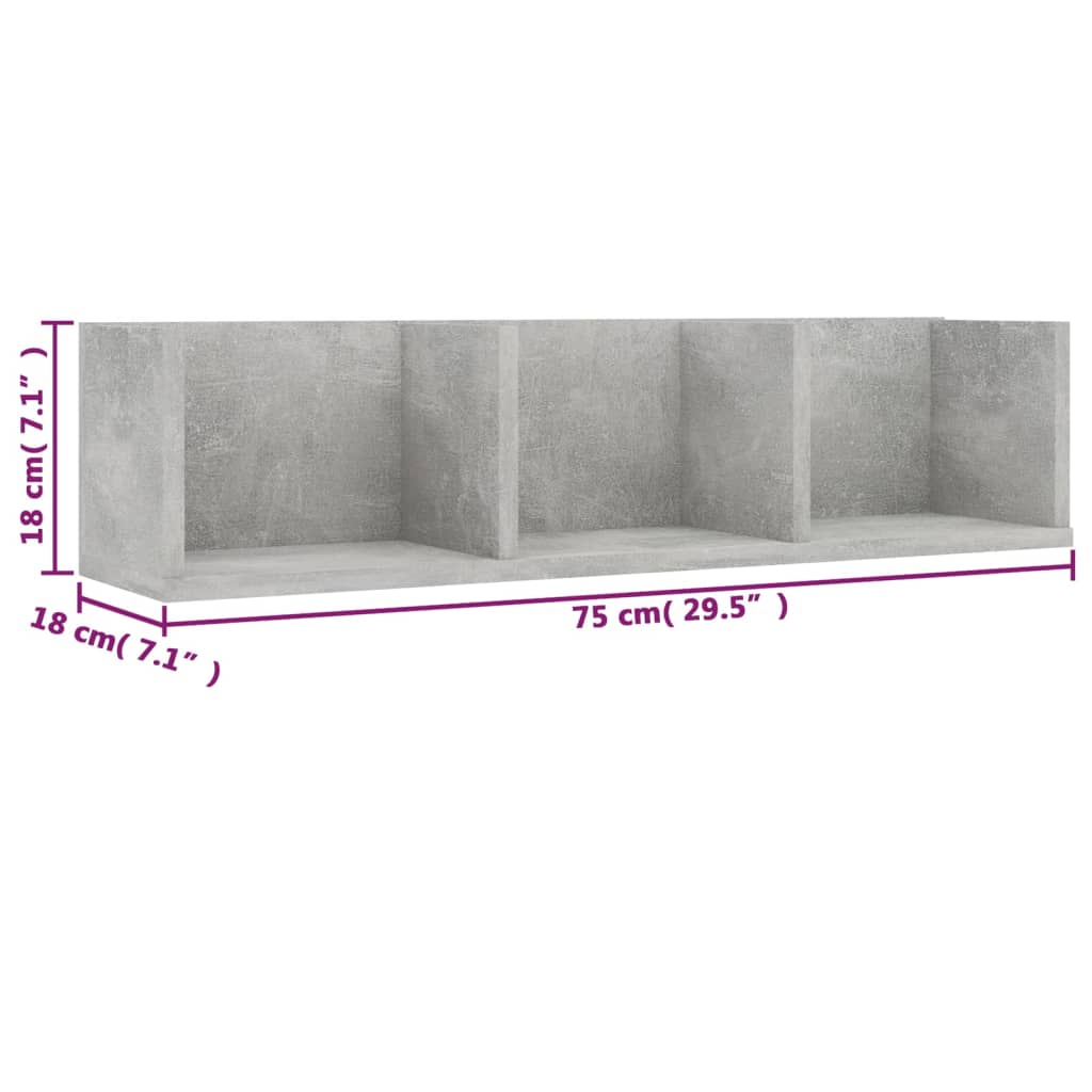 betonszürke szerelt fa CD-tartó fali polc 75 x 18 x 18 cm