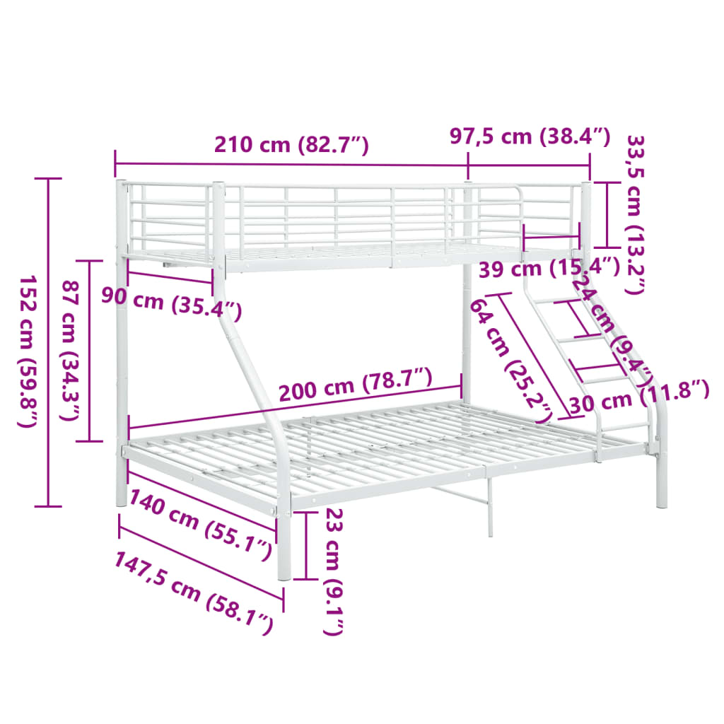 fehér fém emeleteságy-keret 140 x 200 cm/90 x 200 cm