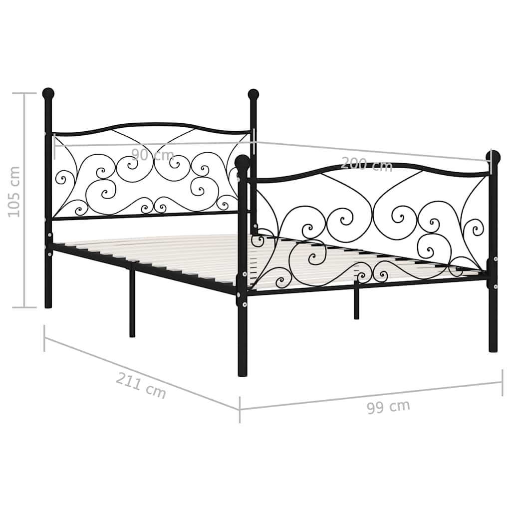 fekete fém ágykeret lécezett ágyráccsal 90 x 200 cm