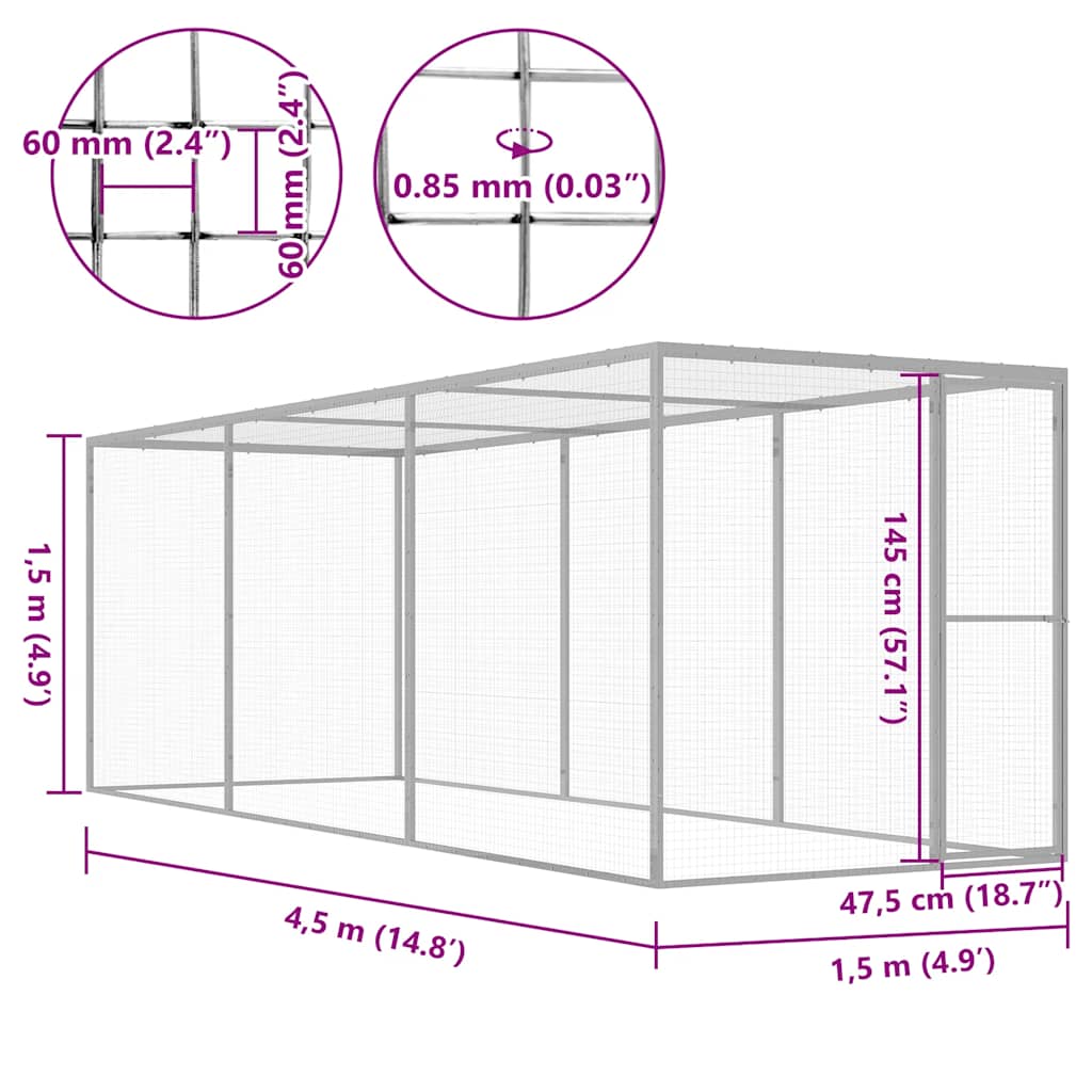 horganyzott acél macskaketrec 4,5 x 1,5 x 1,5 m