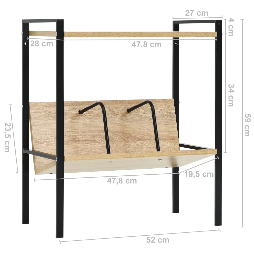 2-szintes fekete és tölgy szerelt fa könyvespolc 52x28x59 cm