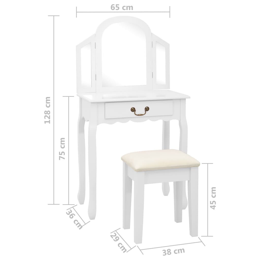 fehér császárfa MDF fésülködőasztal ülőkével 65x36x128 cm