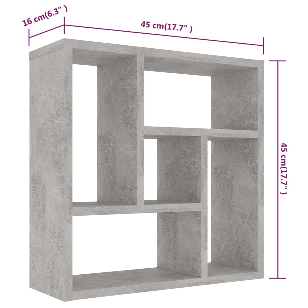 betonszürke szerelt fa fali polc 45 x 16 x 45 cm