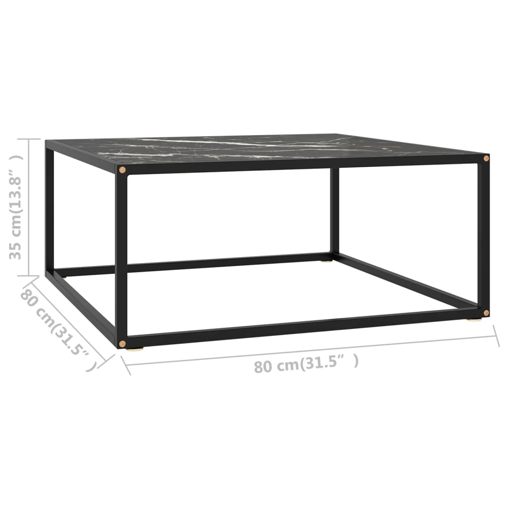 fekete dohányzóasztal fekete márvány mintás üveggel 80x80x35 cm