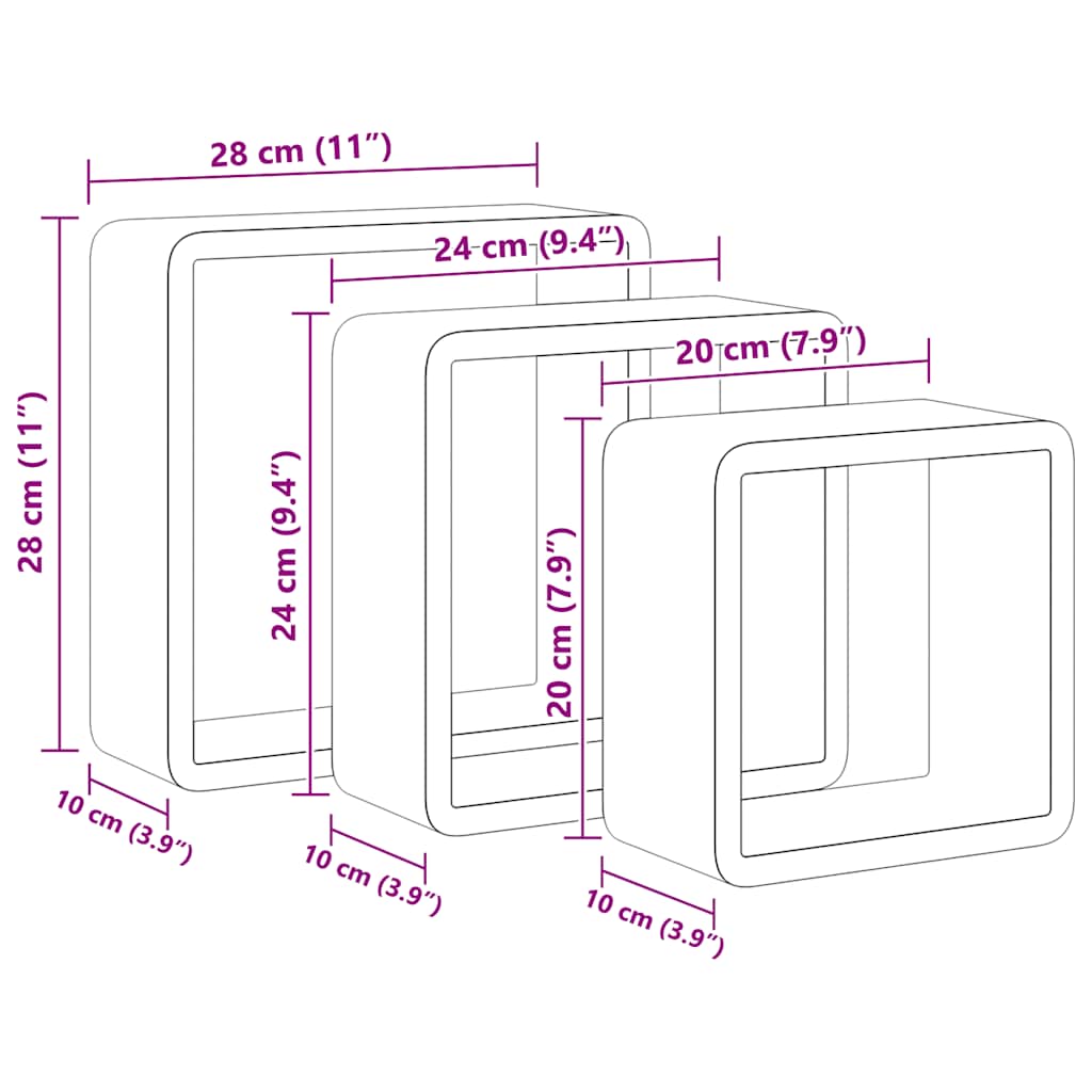 3 db fekete MDF fali kockapolc