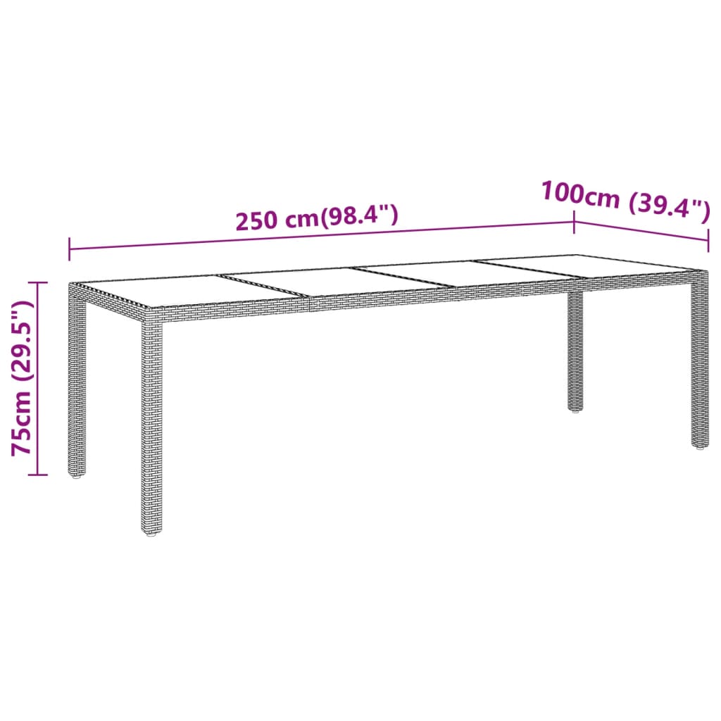 szürke edzett üveg és polyrattan kerti asztal 250 x 100 x 75 cm