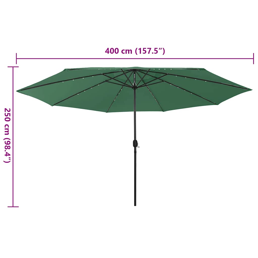 zöld kültéri napernyő LED-fényekkel és fémrúddal 400 cm