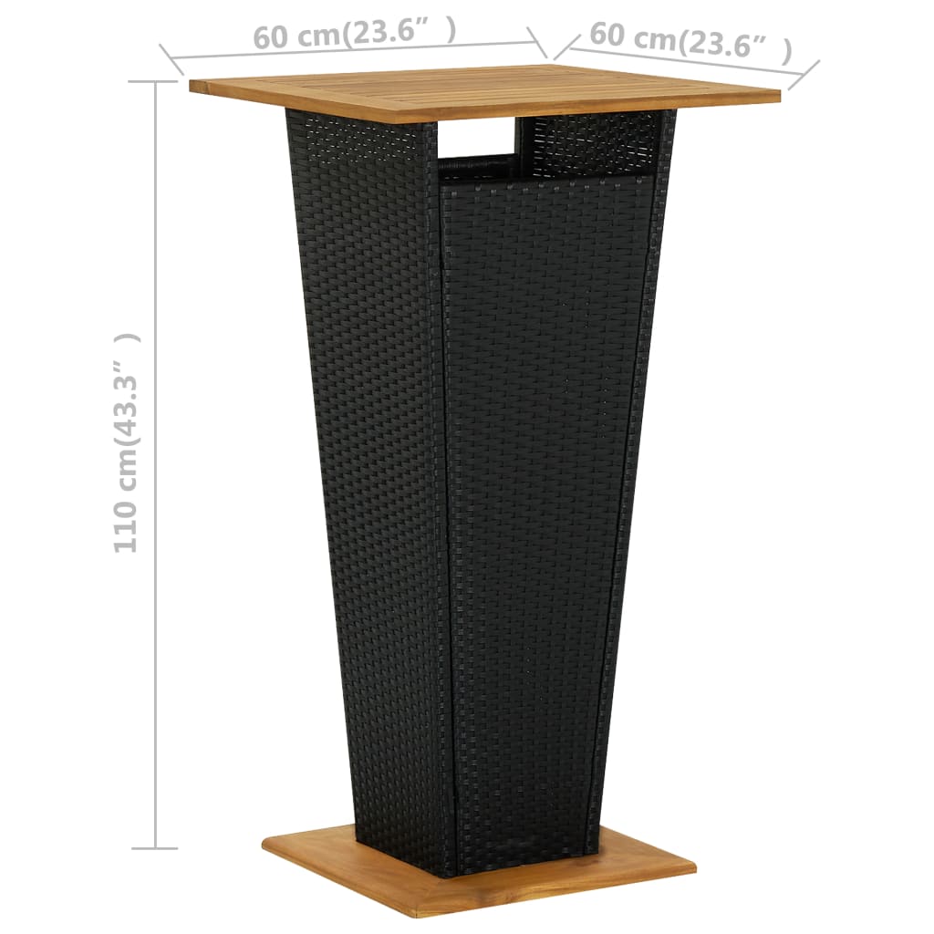 fekete polyrattan és tömör akácfa bárasztal 60 x 60 x 110 cm