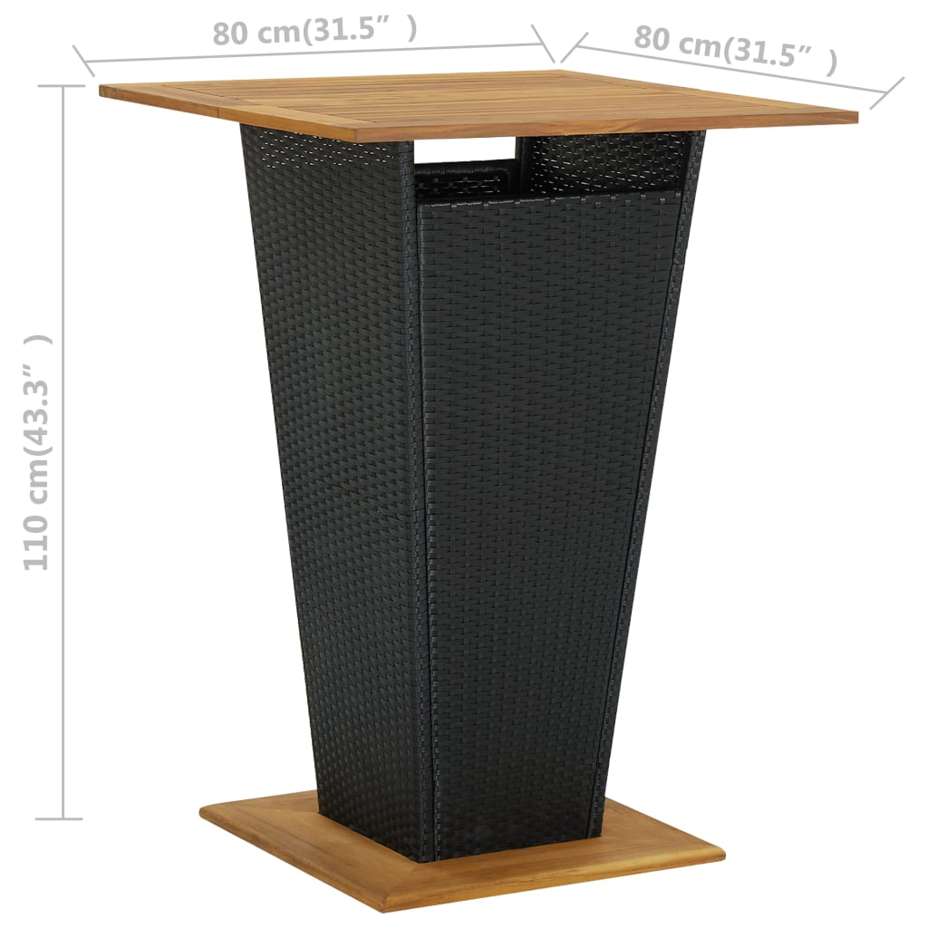 fekete polyrattan és tömör akácfa bárasztal 80 x 80 x 110 cm