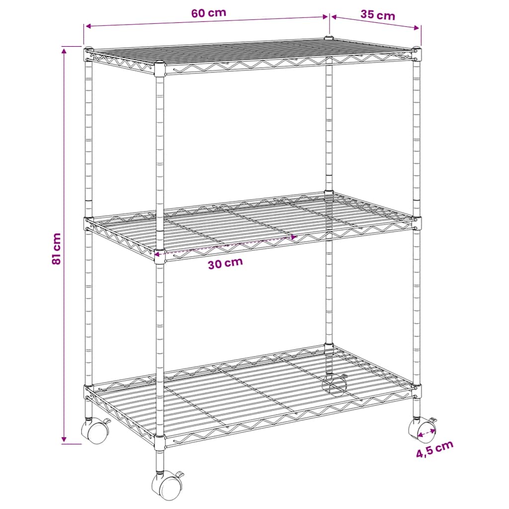 3 szintes króm tárolóállvány kerekekkel 150 kg 60 x 35 x 81 cm