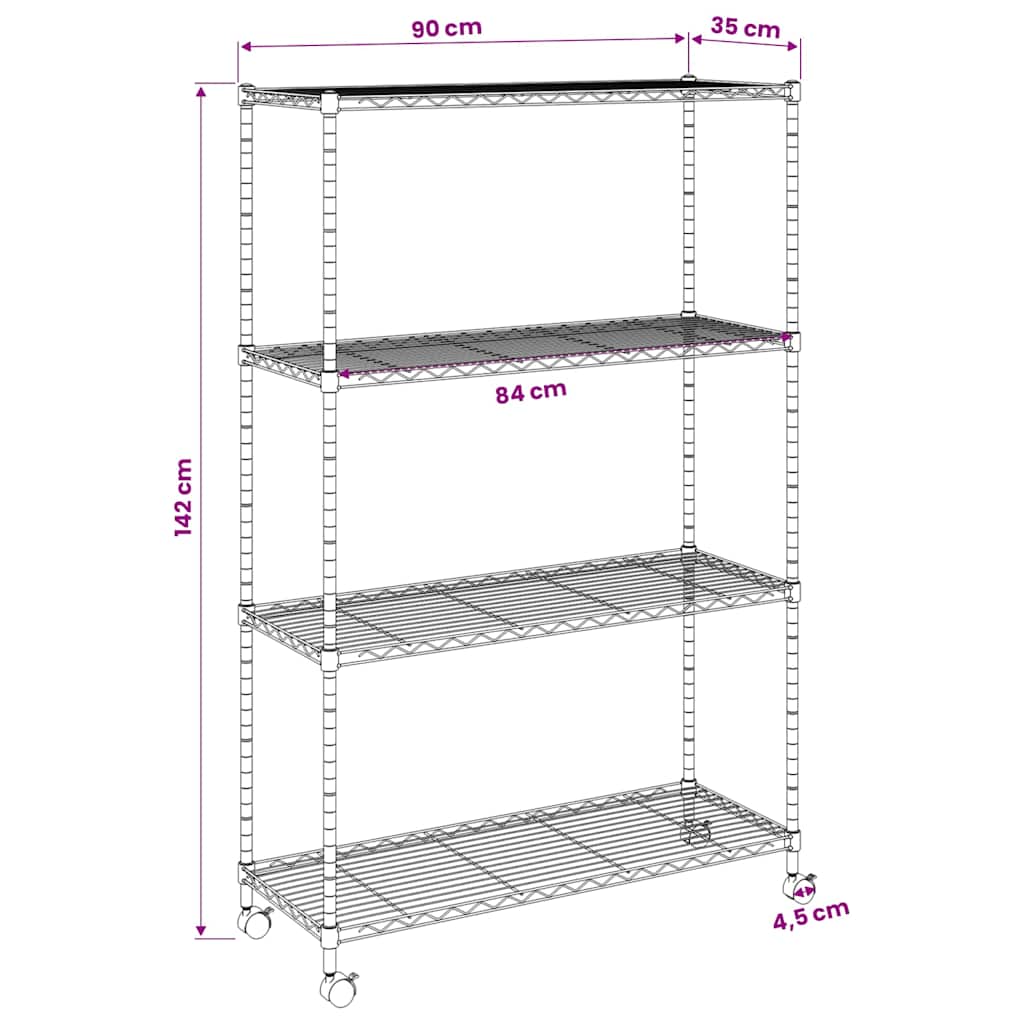 4 szintes fekete tárolópolc kerekekkel 90 x 35 x 142 cm 200 kg