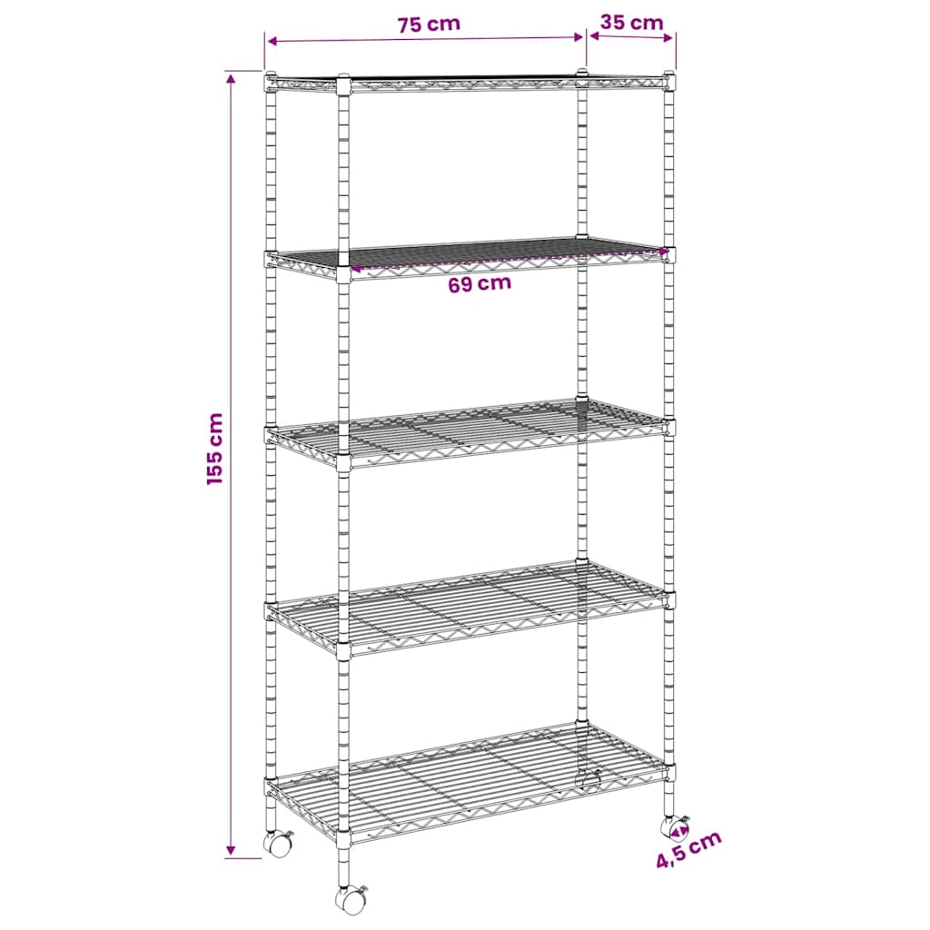 5 szintes fekete tárolópolc kerekekkel 75 x 35 x 155 cm 250 kg