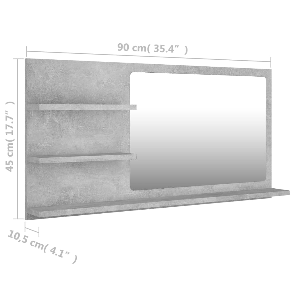 betonszürke szerelt fa fürdőszobai tükör 90 x 10,5 x 45 cm