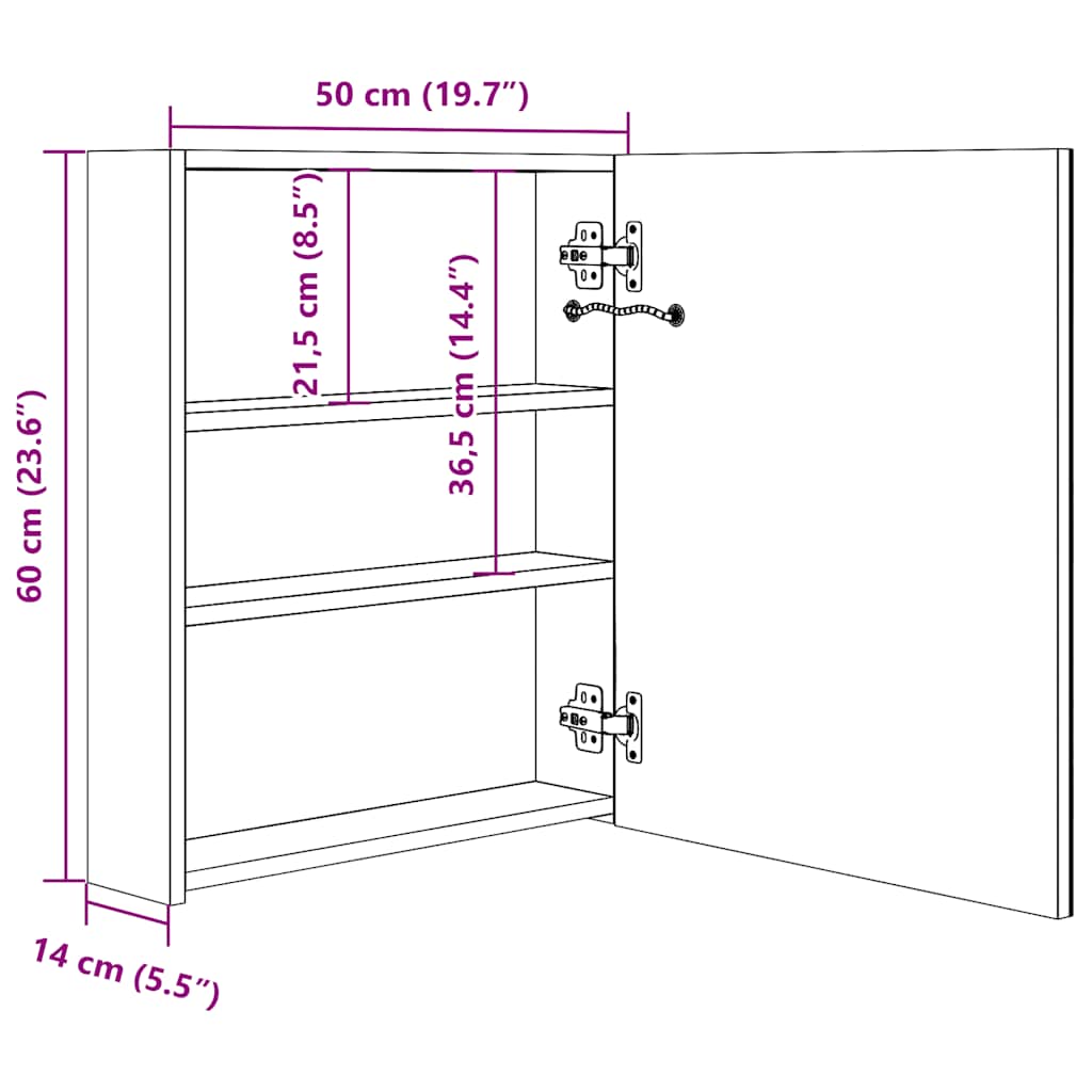 fényes szürke LED-es tükrös fürdőszobaszekrény 50 x 14 x 60 cm