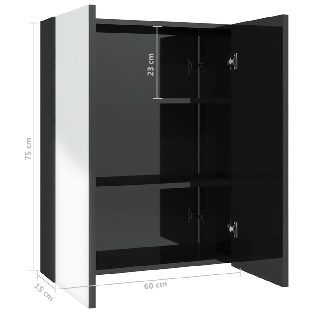 fényes fekete MDF tükrös fürdőszobaszekrény 60 x 15 x 75 cm
