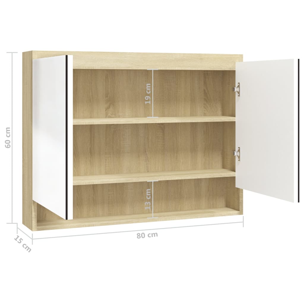 fényes és tölgy MDF tükrös fürdőszobaszekrény 80 x 15 x 60 cm