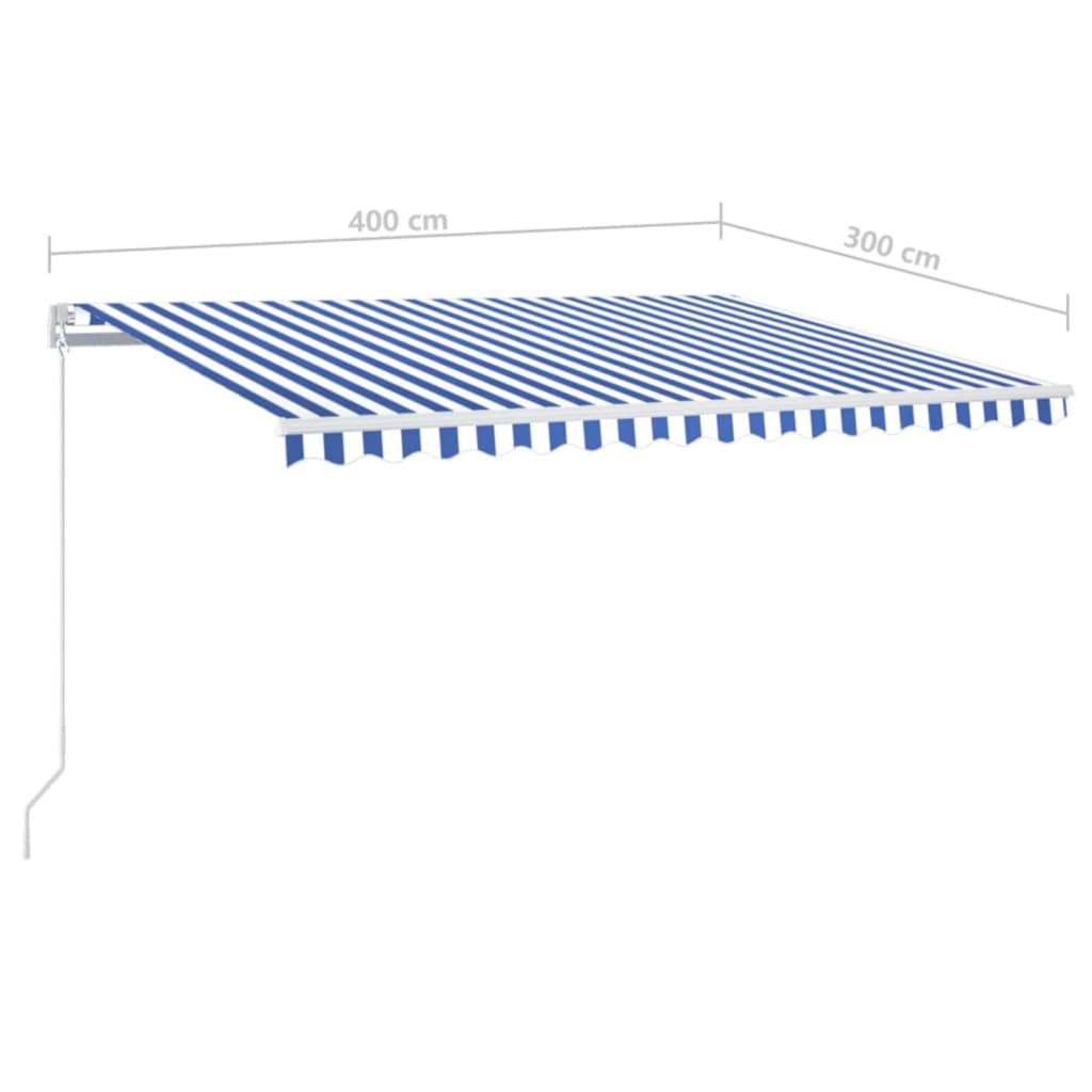 kék és fehér kézzel kihúzható LED-es napellenző 400 x 300 cm