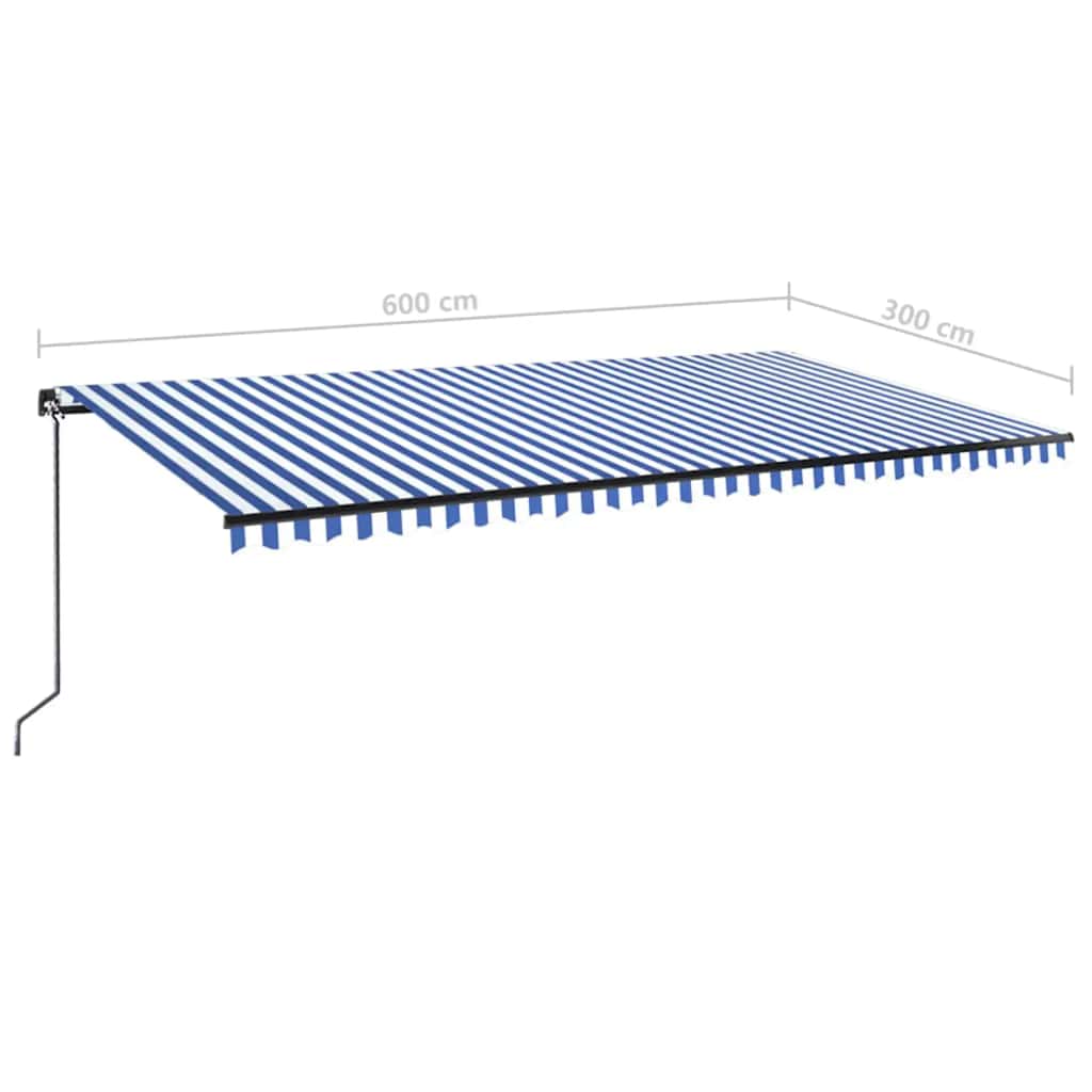 kék és fehér kézzel kihúzható LED-es napellenző 600 x 300 cm