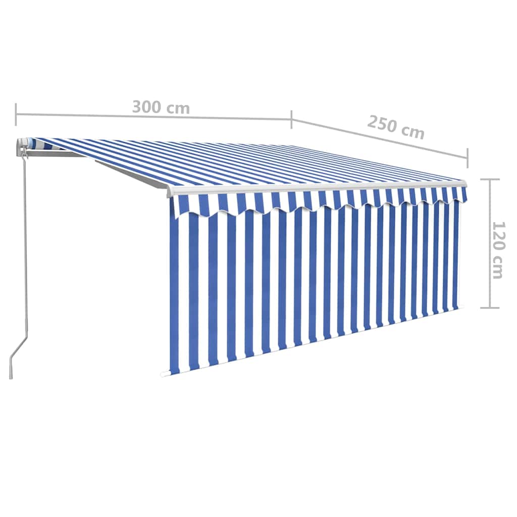 kék/fehér LED-es kézzel kihúzható napellenző redőnnyel 3x2,5 m