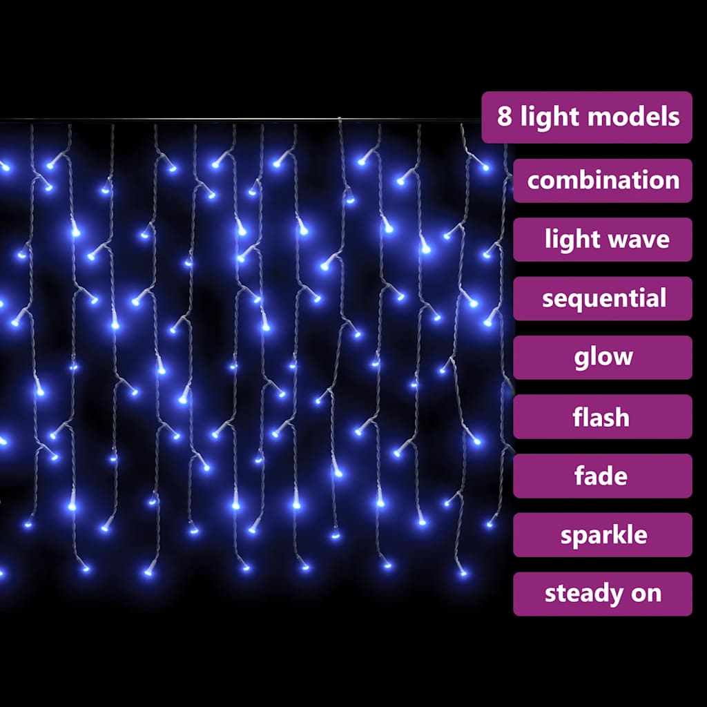 8 funkciós kék LED-es jégcsapfényfüggöny 400 LED-del 10 m