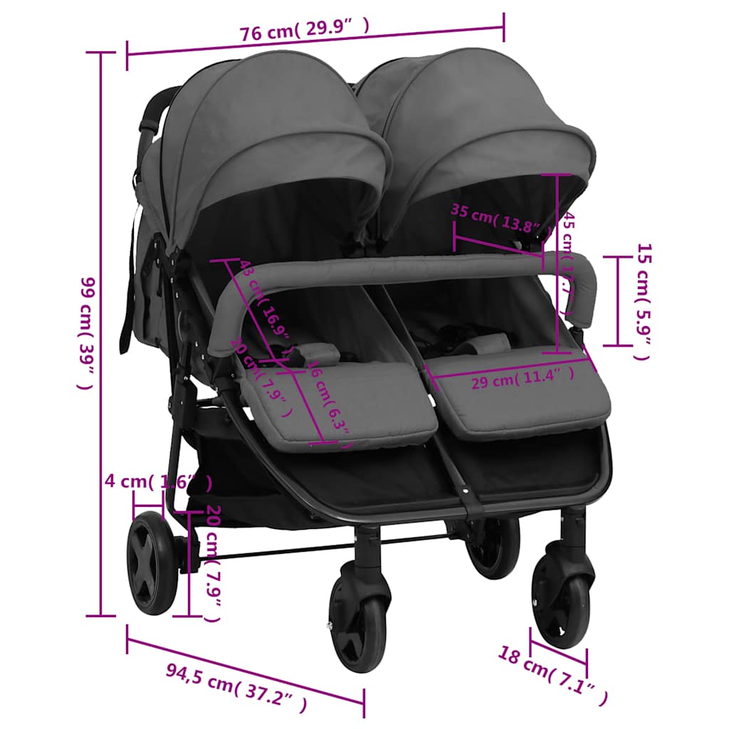 sötétszürke és fekete acél ikerbabakocsi